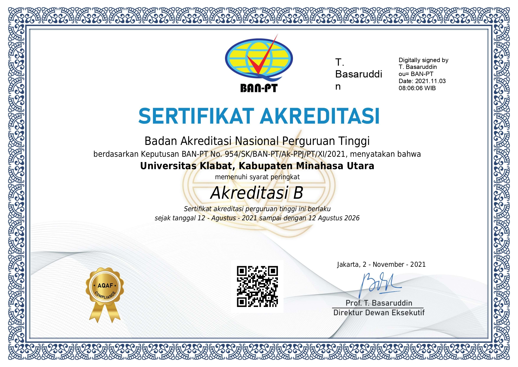 Sertifikat APT Universitas Klabat