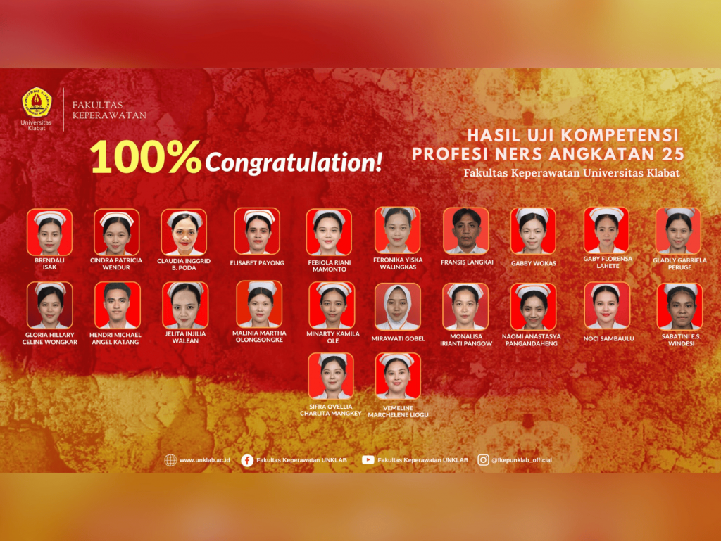 Kelulusan 100 persen mahasiswa Profesi Ners Fakultas Keperawatan Universitas Klabat pada Uji Kompetensi Nasional 2026