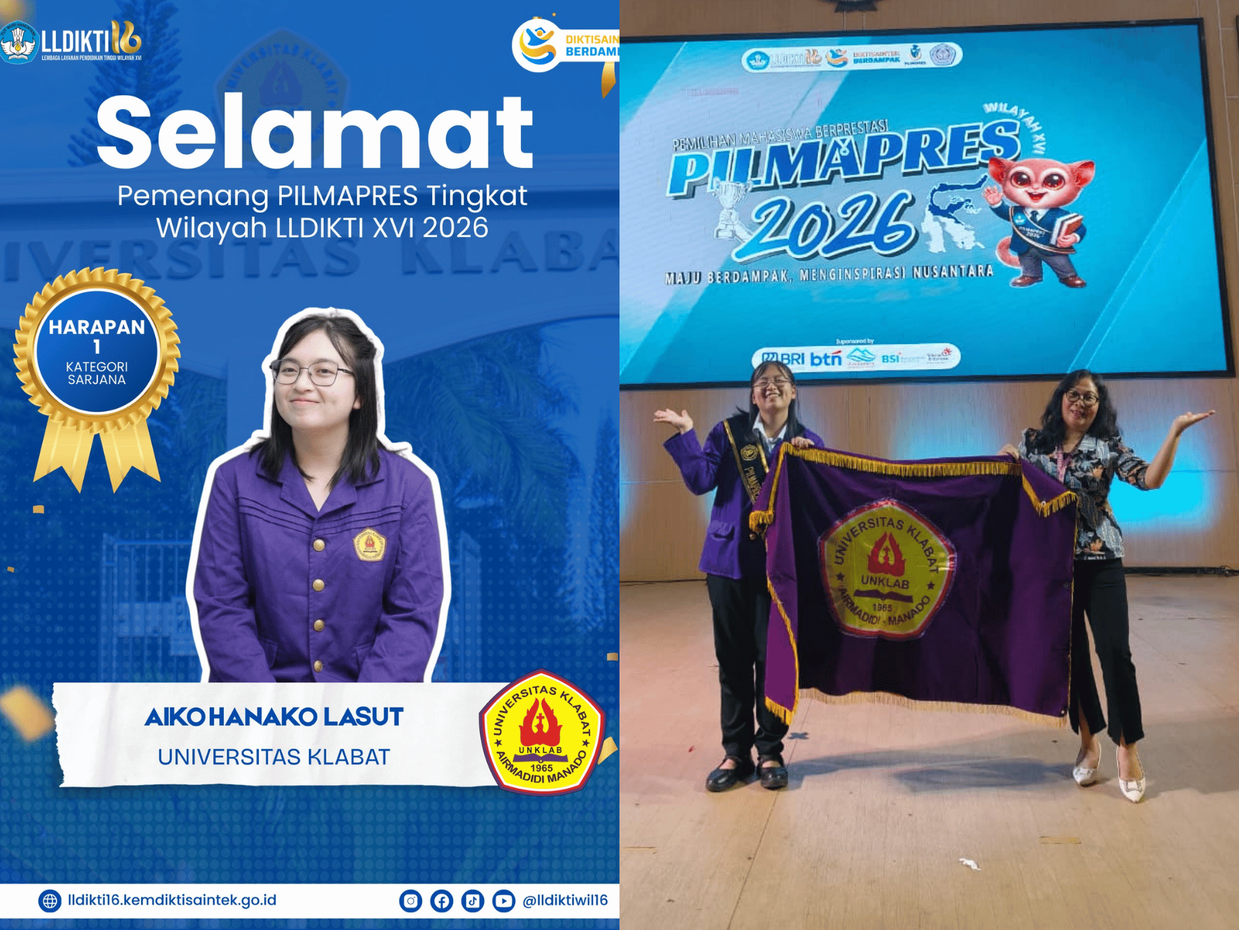 Aiko Hanako Lasut Juara Harapan 1 Pilmapres 2026 UNSRAT dari Universitas Klabat