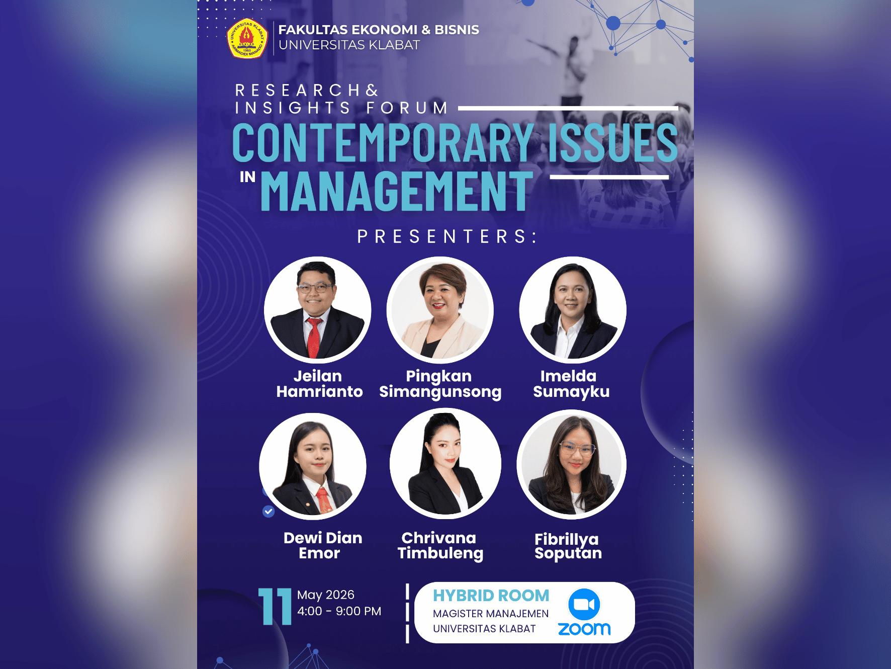Mahasiswa Program Magister Manajemen FEB Universitas Klabat mempresentasikan penelitian dalam Research and Insights Forum 2026 secara hybrid.