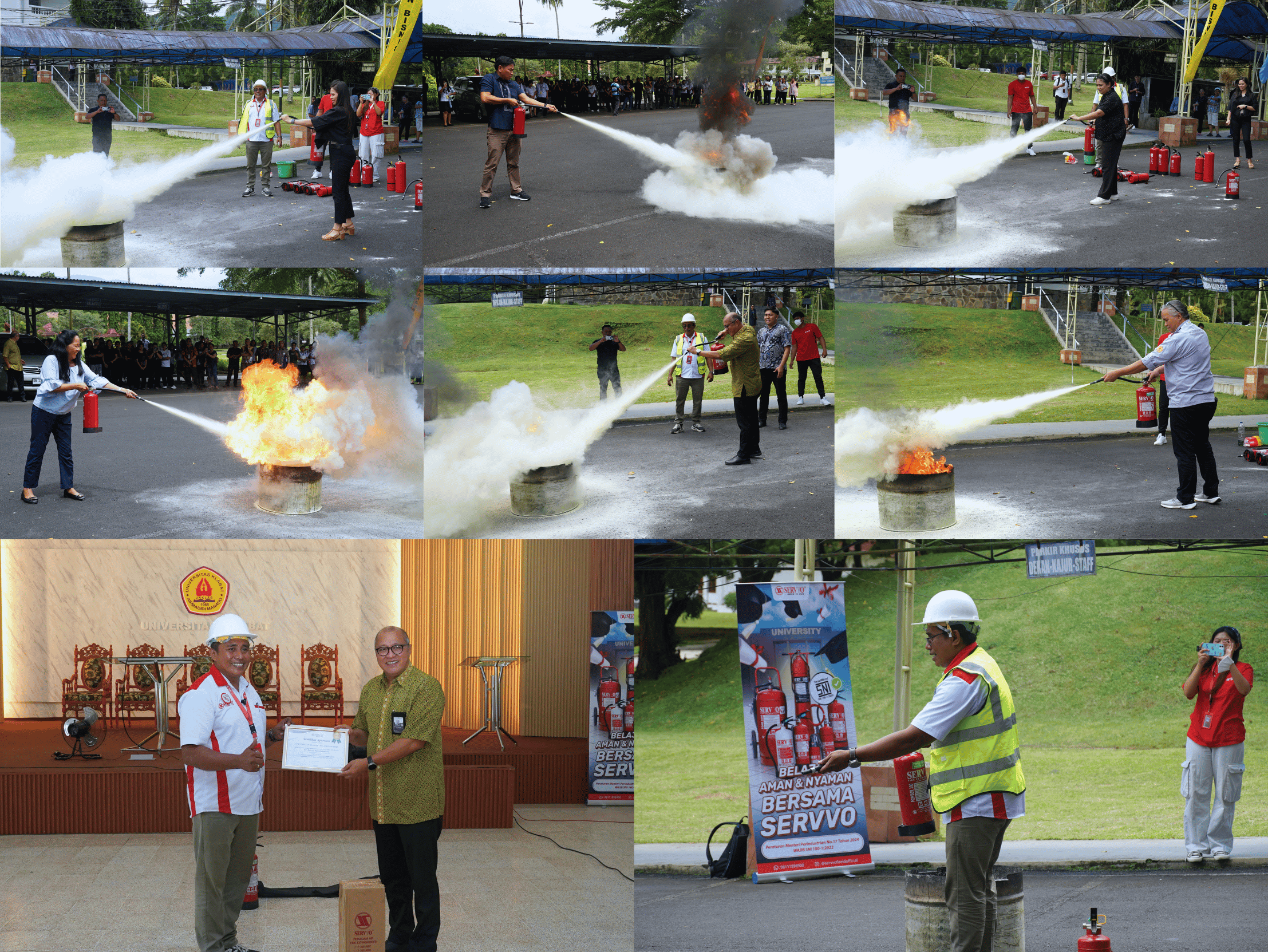 Simulasi pemadaman api dan edukasi keselamatan kebakaran Universitas Klabat bersama PT. Servvo Fire Indonesia tahun 2026.