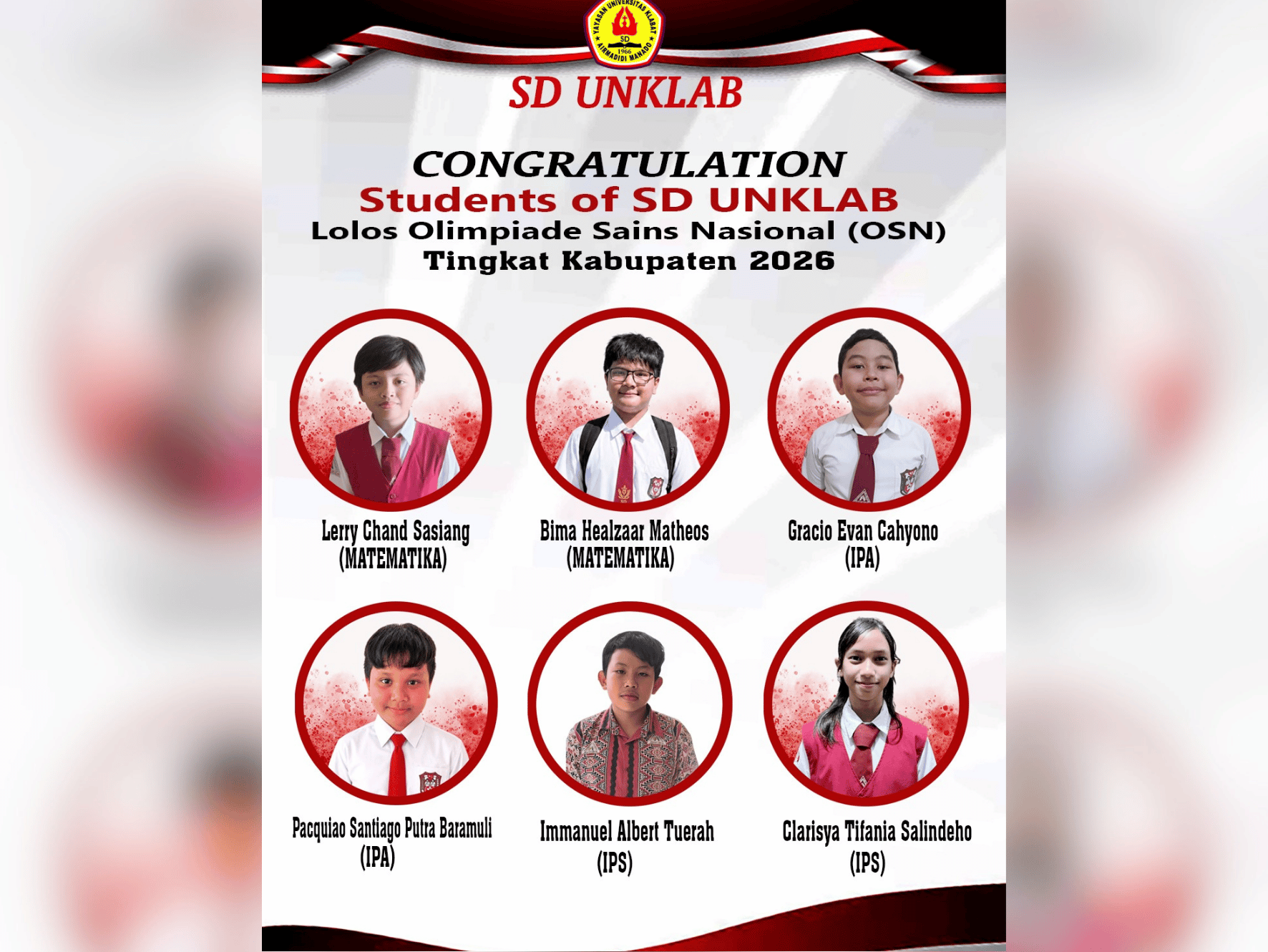 Enam siswa SD Universitas Klabat yang lolos Olimpiade Sains Nasional (OSN) Tingkat Kabupaten 2026.